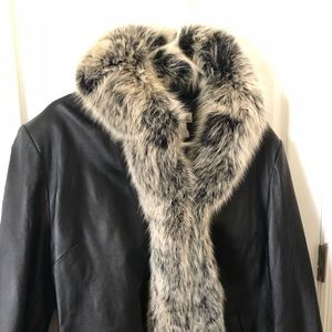 Black leather coat with real fox collar and trim